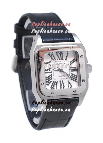Cartier Santos 100 Japanese Ladies Replica Watch in Black Leather Strap