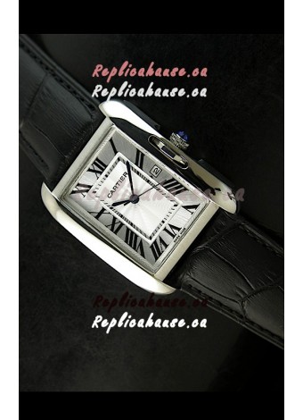 Cartier Tank Ladies Replica Watch in Steel Case/Black Strap