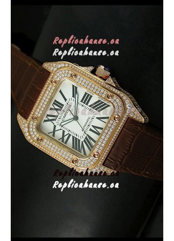 Cartier Santos 100 1:1 Mirror Replica Rose Gold Diamonds Watch 42MM