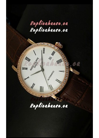 Patek Philippe Calatrava 5120 Swiss Replica Watch in Pink Gold Casing - Roman Hours
