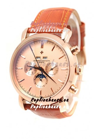 Vacheron Constantin Malte Perpetual Chronograph Japanese Replica Watch in Brown Strap