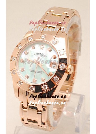Rolex Datejust Swiss Replica Rose Gold Watch in Green Pearl Dial - 34MM