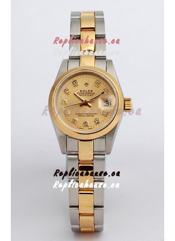 Rolex DateJust - Two Tone Ladies Swiss Replica Watch in Gold Dial