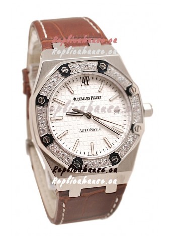 Audemars Piguet Royal Oak Steel Swiss Watch in Brown Leather Strap