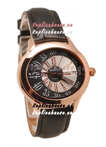 Audemars Piguet Millenary Hour and Minute Swiss Replica Rose Gold Watch in Black Strap