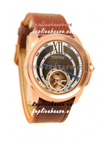 Calibre de Cartier Flying Tourbillon Japanese Replica Rose Gold Watch in Black Dial