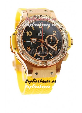 Hublot Big Bang Swis Watch Yellow Strap Black Dial Pink Gold Case