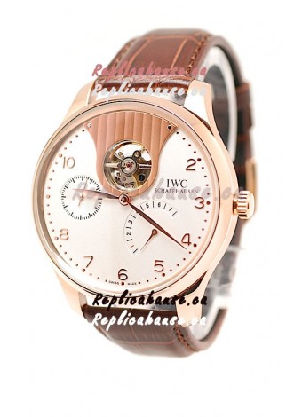 IWC Portuguese Tourbillon Mystere Japanese Replica Rose Gold Watch in White Dial
