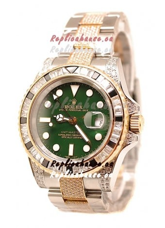 Rolex GMT Masters II 2011 Edition Swiss Replica Two Tone Watch with Diamonds Casing and Bezel