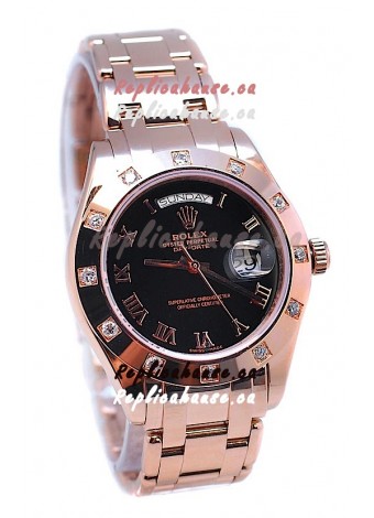 Rolex Day Date Rose Gold Japanese Replica Watch in Diamond Bezel