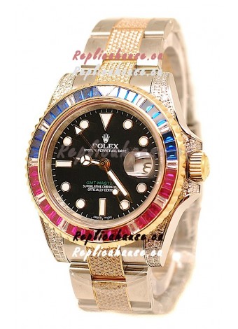 Rolex GMT Masters II 2011 Edition Swiss Replica Two Tone Watch with Diamonds Casing and Bezel
