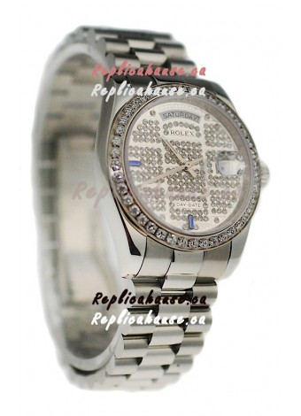 Rolex Day Date Silver Swiss Mens Watch in Diamond Dial