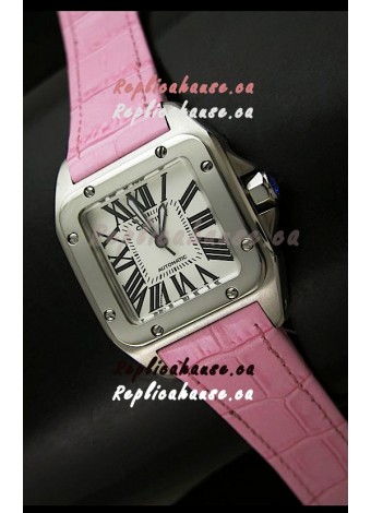 Cartier Santos Swiss Replica Automatic Watch in Pink Strap