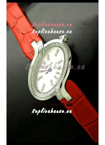 Delices De Cartier Ladies Replica Japanese Watch in Red Leather Strap