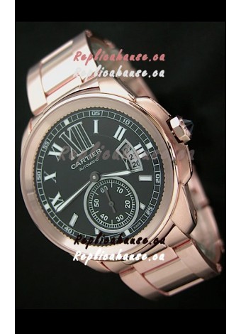 Calibre De Cartier Japanese Automatic Replica Rose Gold Watch in Black Dial