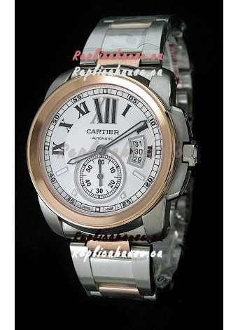 Cartier Calibre de Japanese Replica Rose Gold Watch in White Dial
