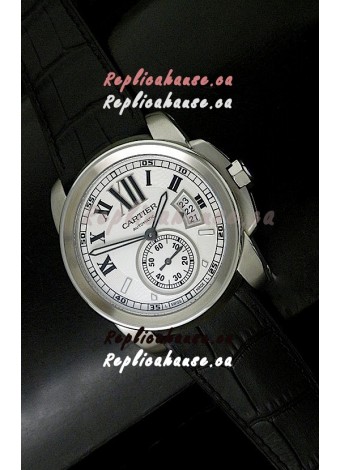 Cartier Calibre de Japanese Replica Steel Watch in Black Leather Strap