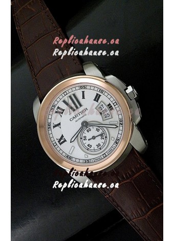 Cartier Calibre de Japanese Replica Steel Watch in Brown Leather Strap