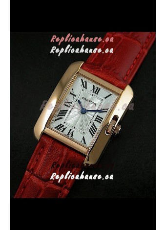 Cartier Louis Japanese Replica Ladies Rose Gold Watch in Red Strap