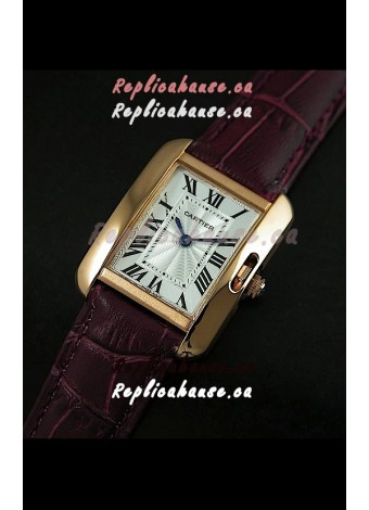 Cartier Louis Japanese Replica Ladies Rose Gold Watch in Red Wine Strap