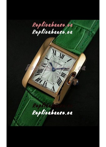 Cartier Louis Japanese Replica Ladies Rose Gold Watch in Green Strap