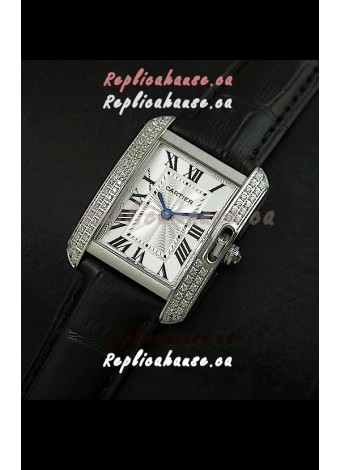 Cartier Louis Japanese Replica Ladies Diamond Watch in Black Strap