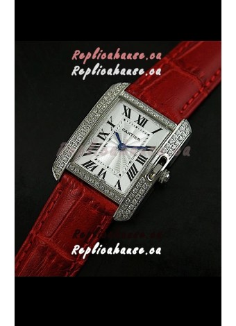 Cartier Louis Japanese Replica Ladies Diamond Watch in Red Strap