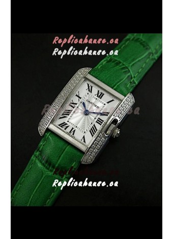 Cartier Louis Japanese Replica Ladies Diamond Watch in Green Strap