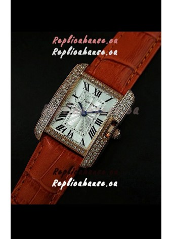 Cartier Louis Japanese Replica Ladies Rose Gold Diamond Watch in Orange Strap