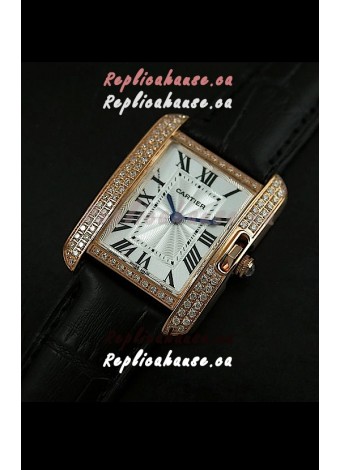 Cartier Louis Japanese Replica Ladies Rose Gold Diamond Watch in Black Strap