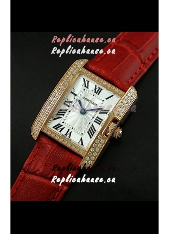 Cartier Louis Japanese Replica Ladies Rose Gold Diamond Watch in Red Strap