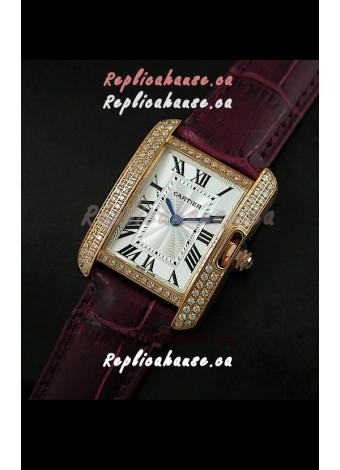 Cartier Louis Japanese Replica Ladies Rose Gold Diamond Watch in Purple Strap