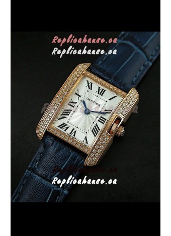 Cartier Louis Japanese Replica Ladies Rose Gold Diamond Watch in Blue Strap