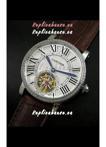 Cartier Ronde de Tourbillon Japanese Replica Diamond Watch in Brown Strap