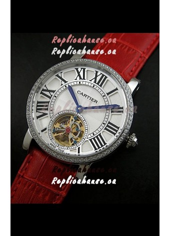 Cartier Ronde de Tourbillon Japanese Replica Diamond Watch in Red Strap