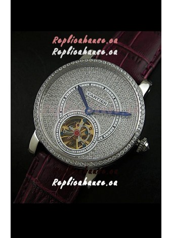 Cartier Ronde de Tourbillon Japanese Replica Diamond Watch in Purple Strap