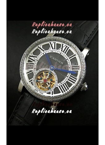Cartier Ronde de Tourbillon Japanese Replica Diamond Watch in Black Dial