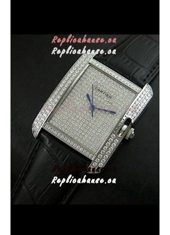 Cartier Tank Anglaise Ladies Replica Watch in Steel/Black Strap