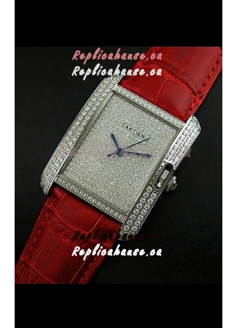 Cartier Tank Anglaise Ladies Replica Watch in Steel/Red Strap