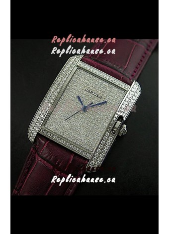 Cartier Tank Anglaise Ladies Replica Watch in Steel/Maroon Strap
