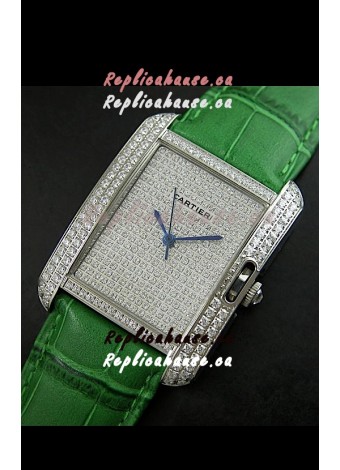 Cartier Tank Anglaise Ladies Replica Watch in Steel/Green Strap