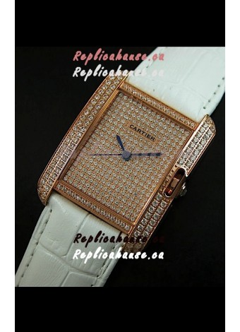 Cartier Tank Anglaise Ladies Replica Watch in Gold Case/White Strap