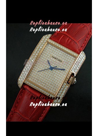 Cartier Tank Anglaise Ladies Replica Watch in Gold Case/Red Strap