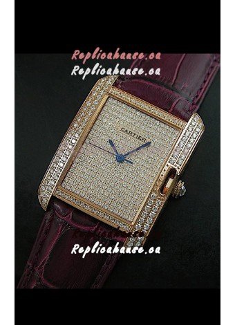 Cartier Tank Anglaise Ladies Replica Watch in Gold Case/Maroon Strap