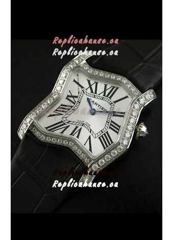 Cartier Tank Folle Ladies Replica Watch in Steel Case/Black Strap