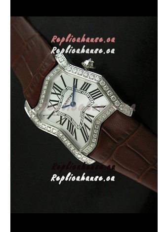 Cartier Tank Folle Ladies Replica Watch in Steel Case/Brown Strap