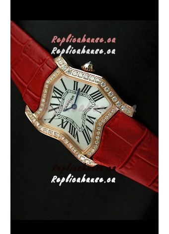 Cartier Tank Folle Ladies Replica Watch in Yellow Gold Case/Red Strap