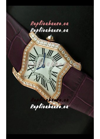 Cartier Tank Folle Ladies Replica Watch in Yellow Gold Case/Maroon Strap