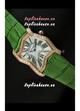 Cartier Tank Folle Ladies Replica Watch in Yellow Gold Case/Green Strap
