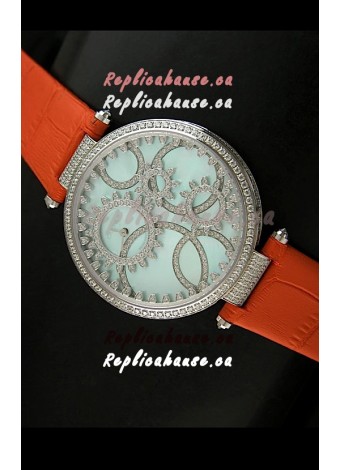 Cartier Replica Watch with Diamonds Embedded Dial Bezel in Steel Case/Orange Strap